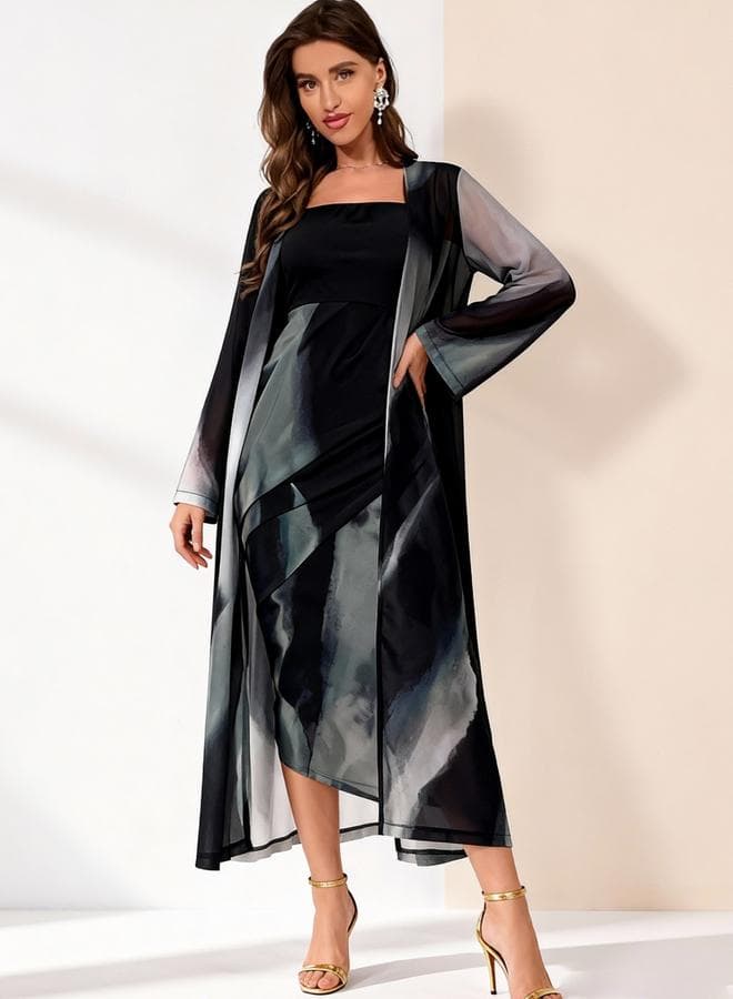 Black Mesh Open Front Cardigan and Sleeveless Midi Dress Co-Ords