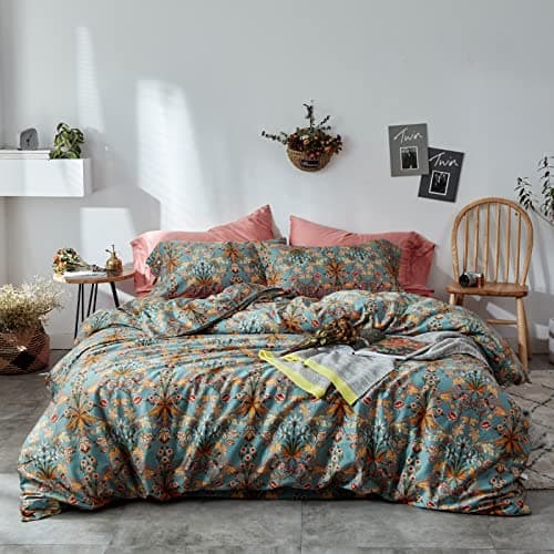 mixinni Vintage Style Garden Flower Queen Duvet Cover with Zipper Closure Soft Long Staple Percale Cotton Vibrant Pattern on Flower Bedding Quilt Cover Set(Queen, All Season)