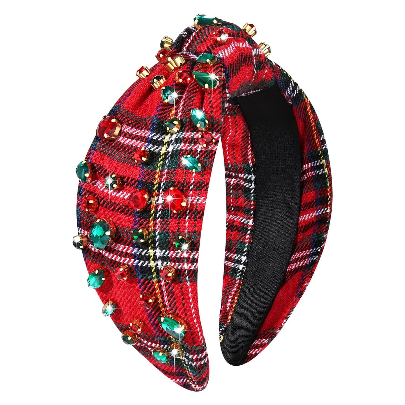 Christmas Headbands for Women Red Plaid Headband Crystal Jeweled Knotted Headband Christmas Holiday Party Hair Accessories Gifts RedPlaid
