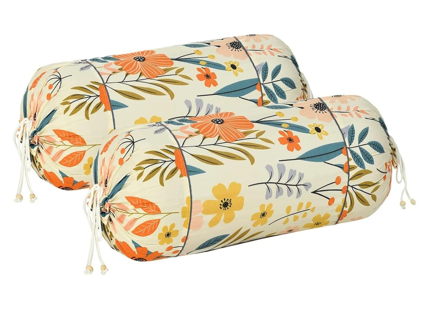 Kuber Industries Set of 2 Leaf Design Soft Smooth Cotton Bolster Cover 16 x 30 inch Cream