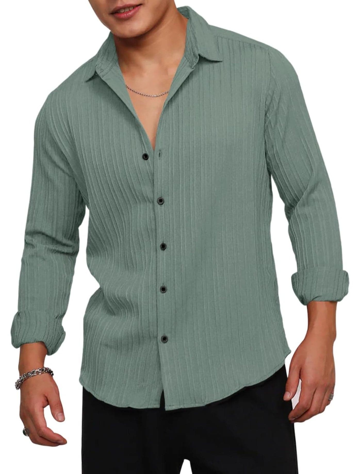 FINIVO FASHION Men's Casual Cotton Striped Button Down Shirts Long Sleeve Textured Summer Beach Shirt for Men Green