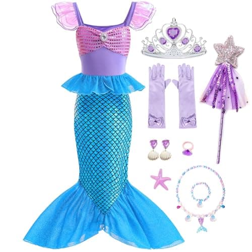 Luzlen Little Girls Mermaid Princess Costume Party Dress for Toddler Kids Baby Halloween Cosplay Dress Up with Accessories, Blue, 4-5 Years(Tag 120)
