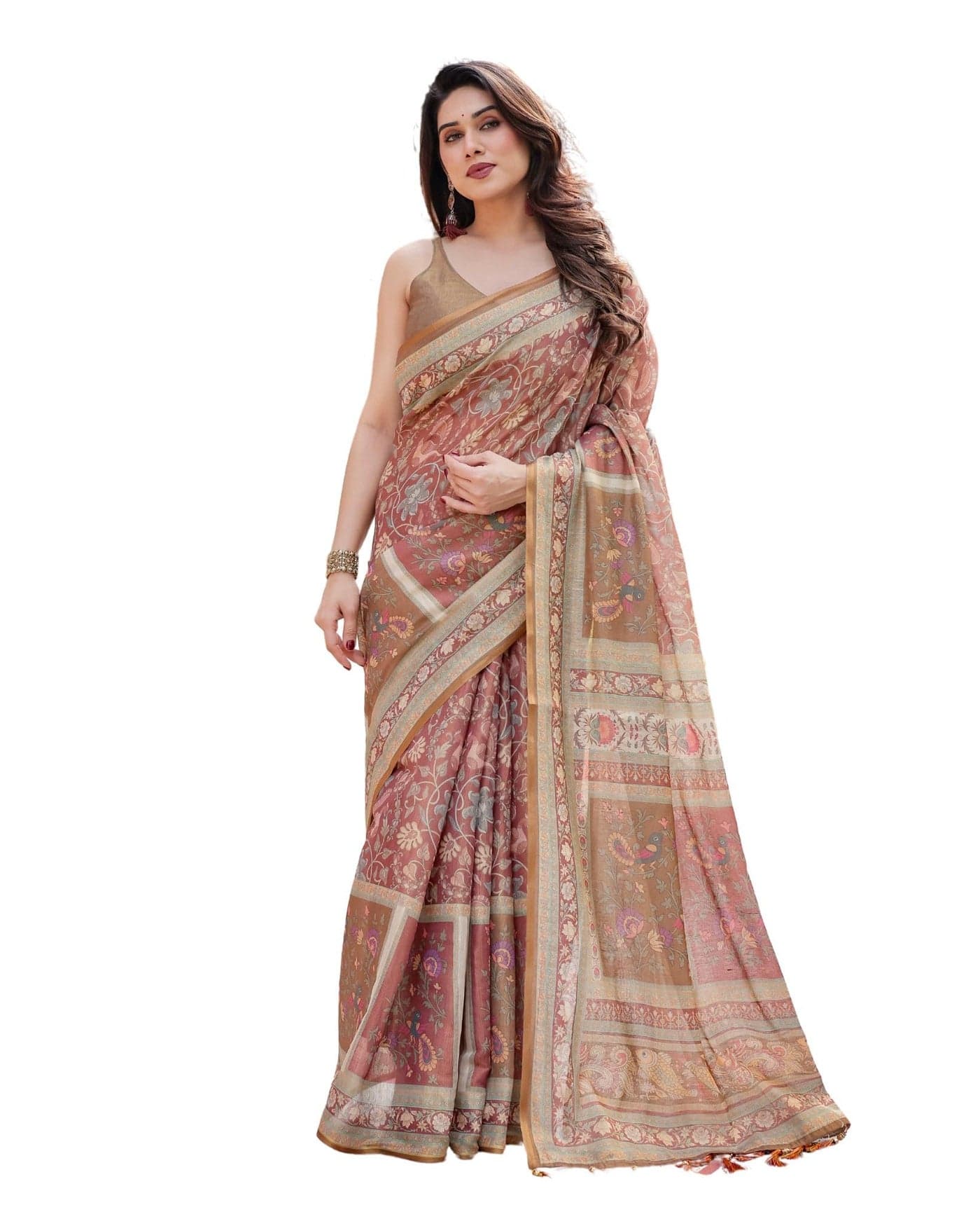 ALMAARI FASHION Women's Floral Printed Handloom Cotton Silk Saree with Zari Border and Tassel Pallu Unstitched Blouse Piece | Traditional Ethnic Wear Sarees | Saree blouse for women | Cocktail Sarees