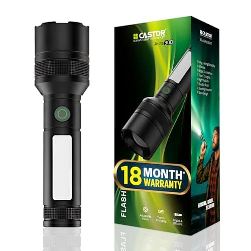 IBELL Castor AURA300 Rechargeable Torch Light High Power, 6 Light Modes, Telescopic Zoom, Type C Charging, LED Flashlight, Super Bright & Long Distance Range, for Home, Outdoor & Emergency Use (Black)