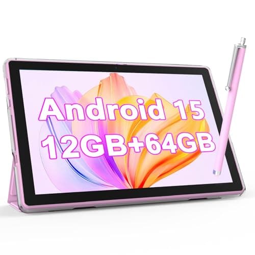 NOVOJOY Tablet 10 Inch Android Tablets with Case and Stylus Android 15 Tablet with Cover 2MP+8MP Dual Camera 6000mAh Battery 12GB RAM(4GB+8GB Expansion) 64GB ROM 5Gwifi-6 10.1" Tablets (Pink)