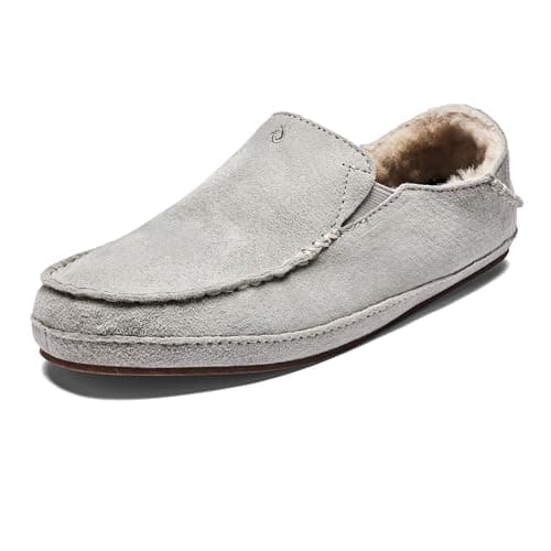 OLUKAI Nohea Slipper, Women's Slip-On Shoes, Genuine Shearling & Premium Nubuck Leather, Drop-In Heel Design, Cozy & Ultra-Soft Comfort Fit, Pale Grey/Pale Grey, 8