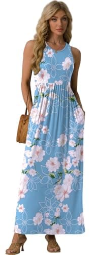 GRECERELLE Women's Summer Sleeveless Casual Long Tank Maxi Dress with Pockets, Flower Light Blue, L