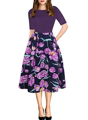 oxiuly Women's Vintage Patchwork Pockets Puffy Swing Casual Party Dress OX165 (Purple, x_l)