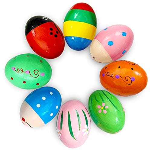 8 PCS Easter Wooden Eggs Shakers Musical Instruments Decorations Percussion Maracas Craft for KidsToddlers Hunt Game Gifts Basket Stuffers Fillers Decor