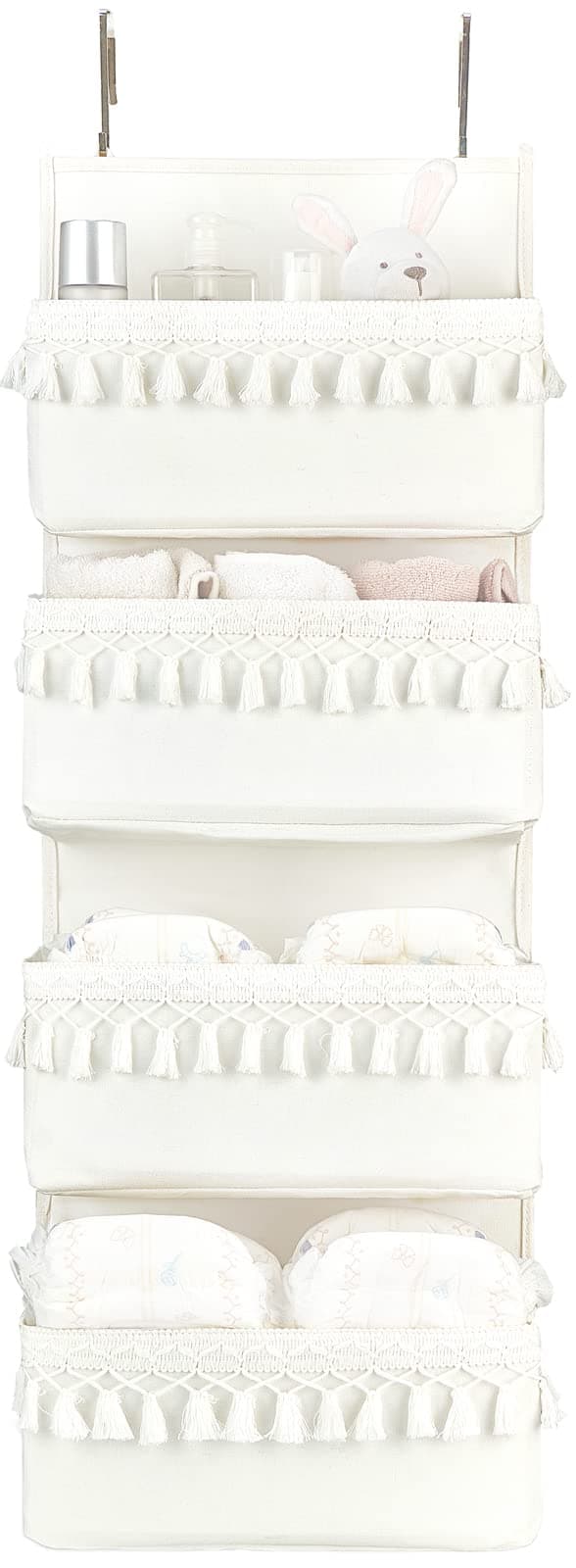 Dahey Over The Door Organizer Boho Nursery Storage Decor Closet Hanging Organizer with Tassels Decoration for Bedroom Nursery Bathroom Apartments Dorm Pantry 4 Pockets White