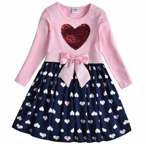 VIKITA Little Girls Dresses Pink Winter Clothes Sparkling Hearts Long Sleeve Outfits for Little Kids 5-6 Years Valentine's Day Gifts LH5740, 6T