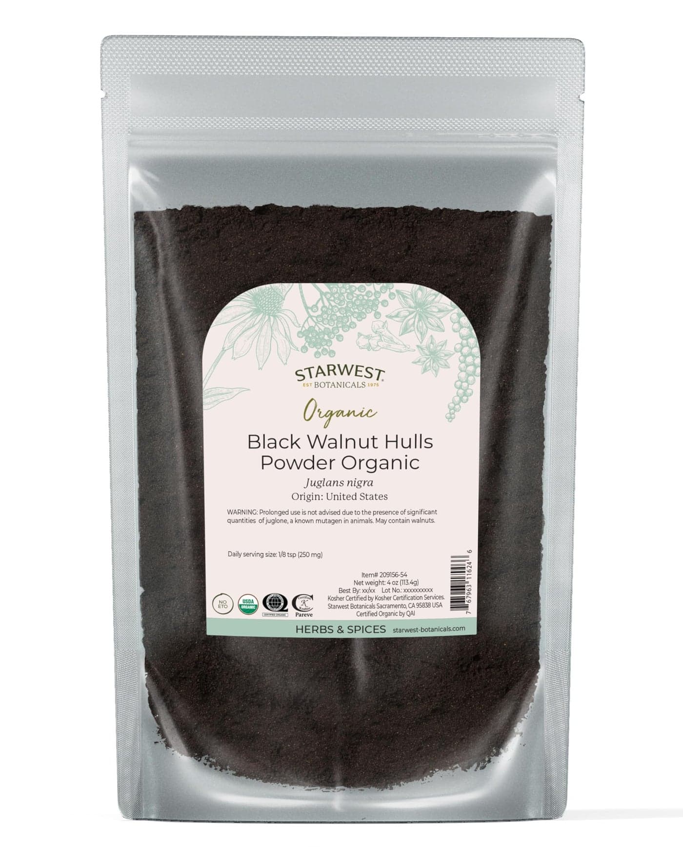 Starwest Botanicals Organic Black Walnut Hull Powder - Finely Ground, Use for Tea, Baking, & Capsules, Natural Digestion Support, Certified Kosher, Non-GMO - 4 oz Pouch