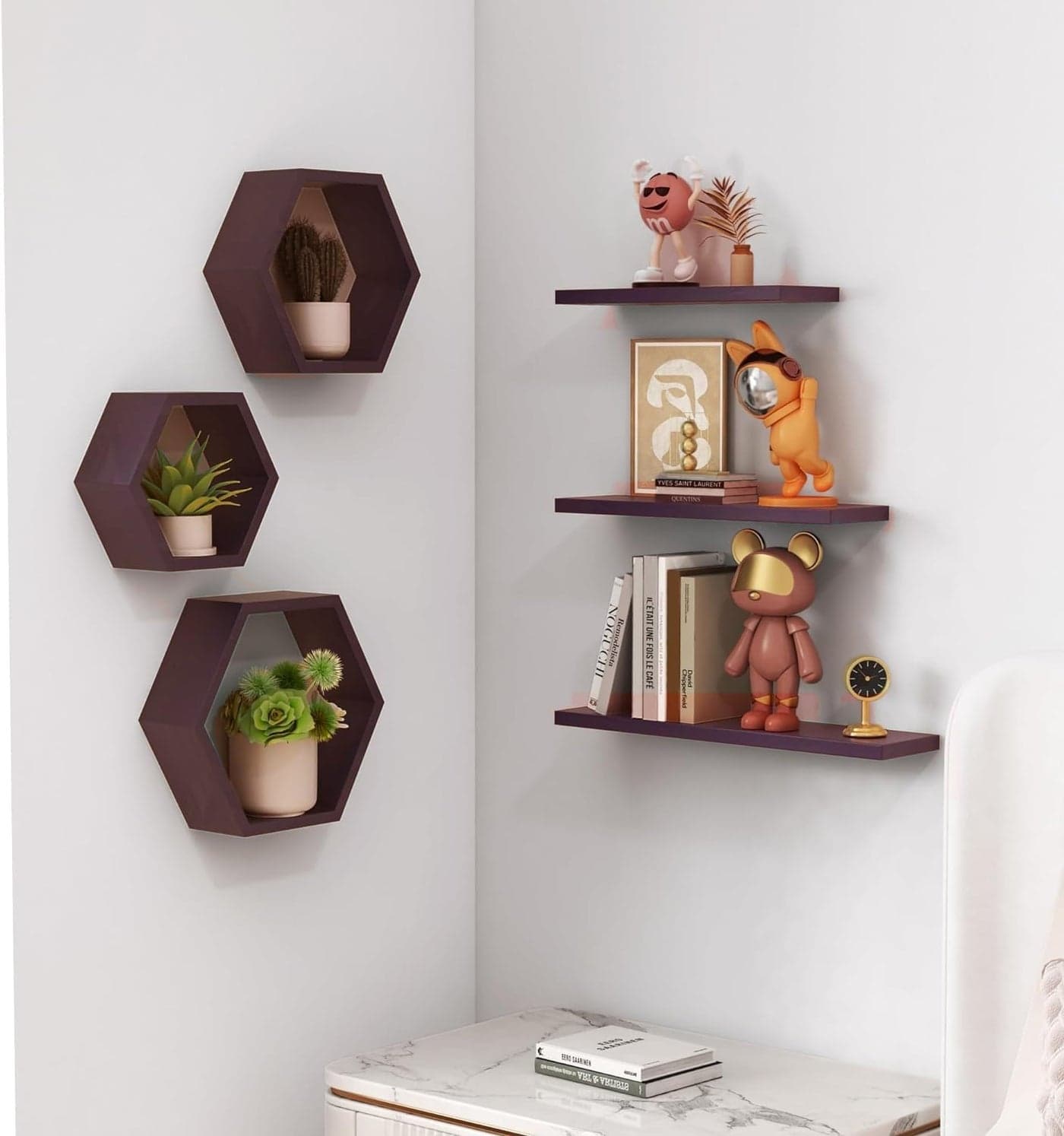 FURNIFOX Floating Shelf Engineered Wood Woden Hexagonal Shape Wall Hanging Rack Floating Wall Mounted Shelves Honeycomb Shelves Living Room, Bedroom,Bathroom, Kitchen, Office (Brown)