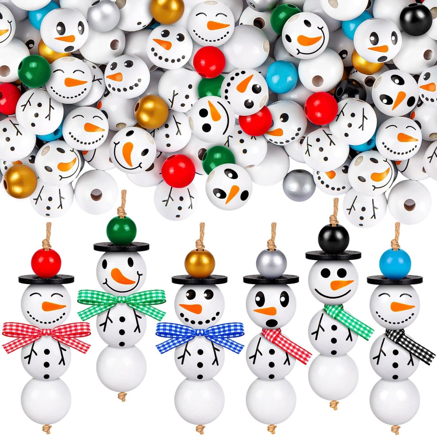 150PCS Snowman Wooden Beads with Twine Scarf Colorful Print for DIY Crafts Christmas Tree Decoration