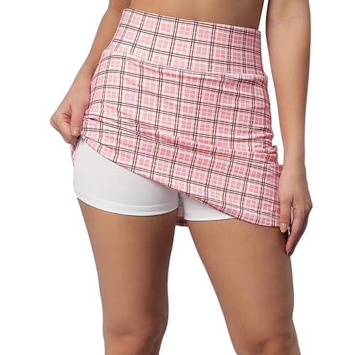 Mehrang Skirt with Shorts for Women's & Girl's Solid High Waist Flared Skater Short Mini Skirt (in, Alpha, L, Regular, Pink Check)