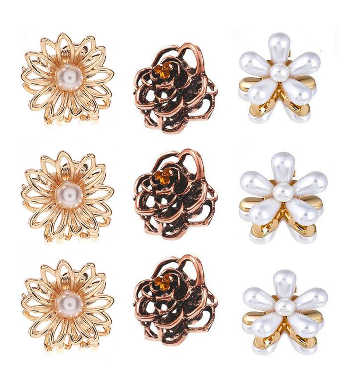 9PCS 3 Styles Women Mini Imitation Pearl Daisy Flower Claw Clip Vintage Rose Hair Claws Metal Hair Clips Sweet Bangs Clips Decorative Hair Accessories