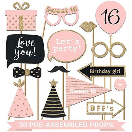 Fully Assembled Sweet 16 Birthday Photo Booth Props - Set of 30 - Pink & Gold Selfie Signs - 16th Party Supplies & Decorations - Cute 16th Bday Designs with Real Glitter - Did We Mention No DIY
