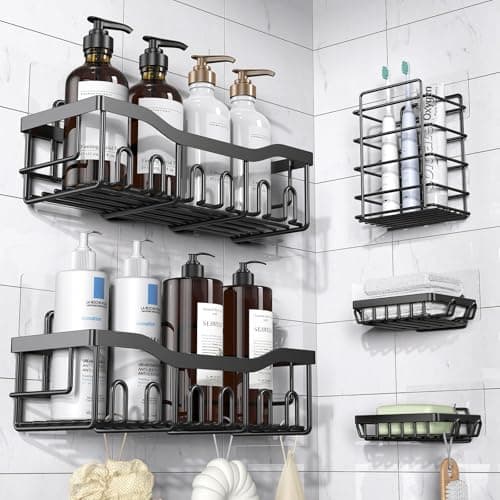 EUDELE Adhesive Shower Caddy 5 Pack Rustproof Stainless Steel Bath Organizers With Large Capacity No Drilling Shelves for Bathroom Storage Home Decor