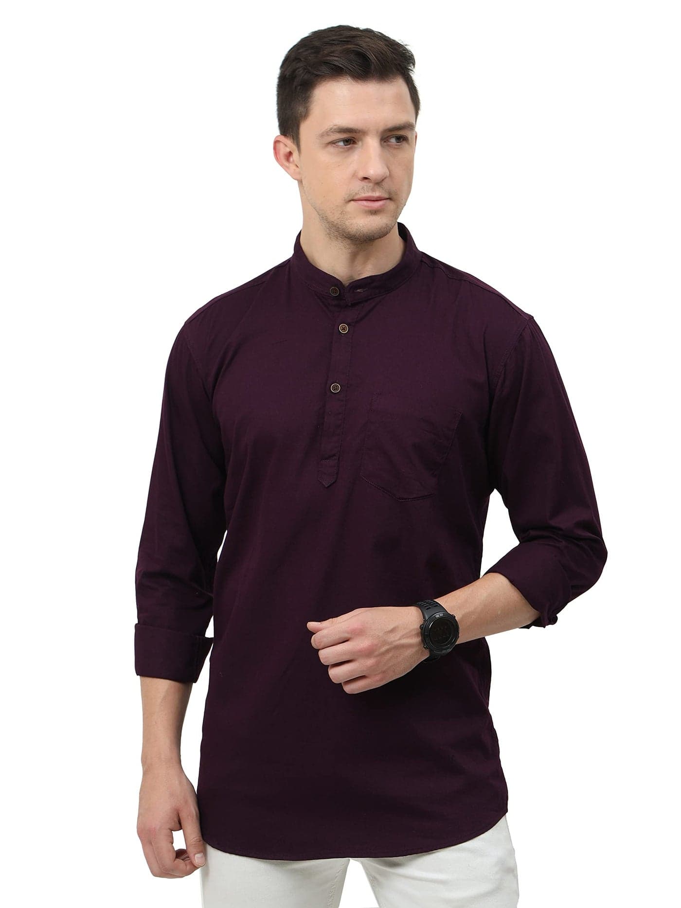 Miraan Men's Casual Cotton Short Kurta Shirt with Mandarin Collar (SIGSHORTKURTAPURPLEXXXXL, XXXX-Large, Purple), Regular Fit