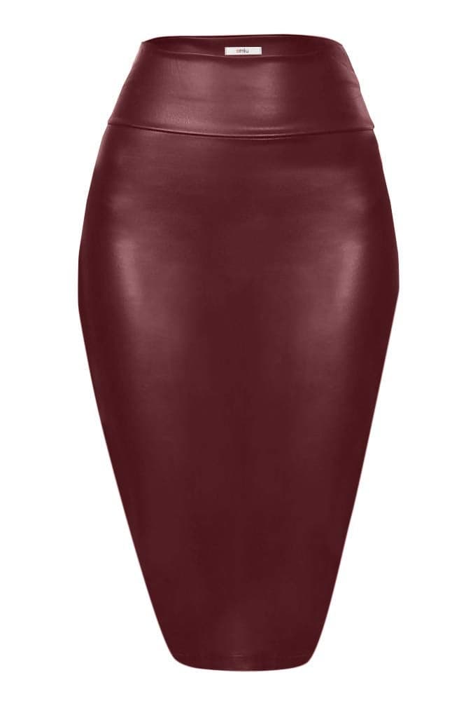 Simlu Burgundy Pencil Skirt for Women Knee Length Skirt, Burgundy Midi Skirt - USA,Burgundy Leather,X-Large