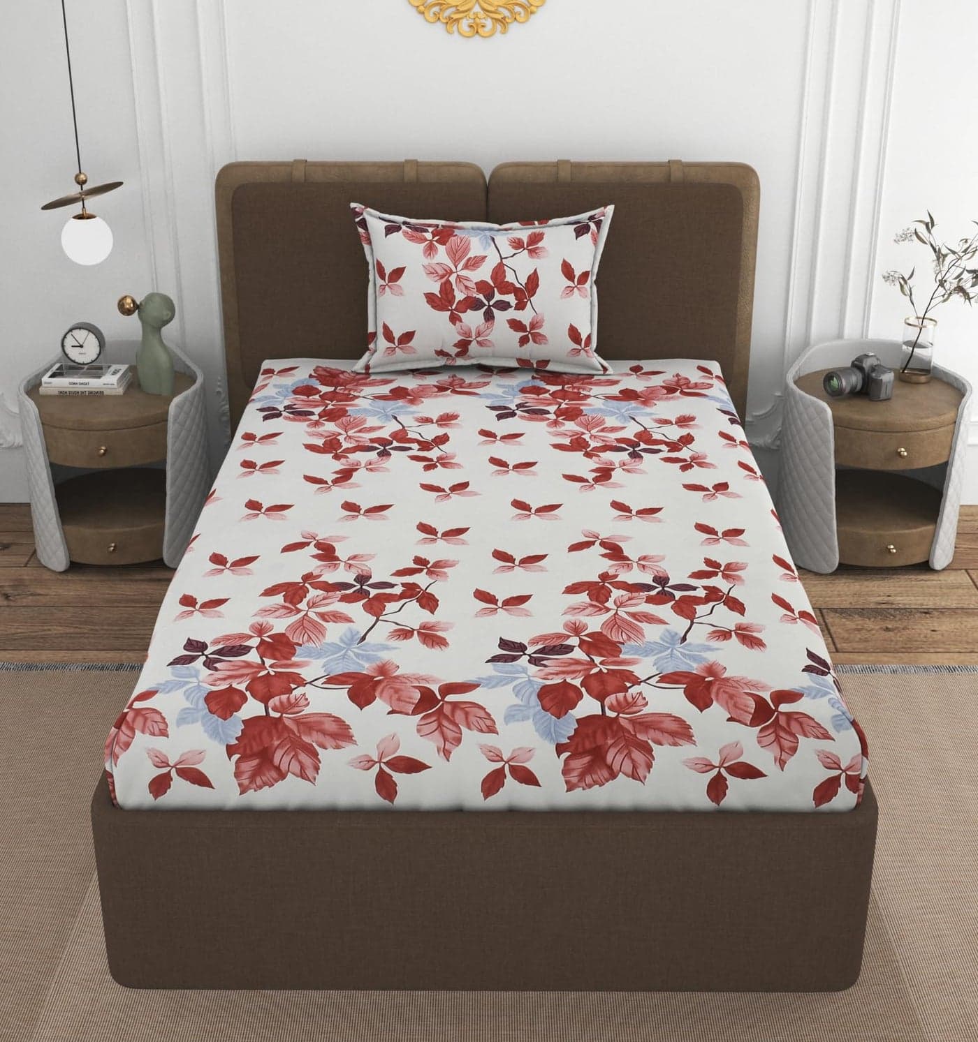 VOMZER 300 Tc Elastic Fitted Bedsheets Single Bed with 1 Pillow Cover | All Around Elastic, Size 36 X 72 10 Inches Rust