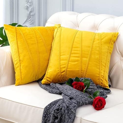 Khooti Velvet Striped Cushion Cover Pack of 2-16" x 16" / 41 x 41 cm | Orange Yellow | Soft Pillow Covers Cushion Case for Sofa Bedroom Livingroom Chair Car, Cushion Cover with Zig Zag Pattern