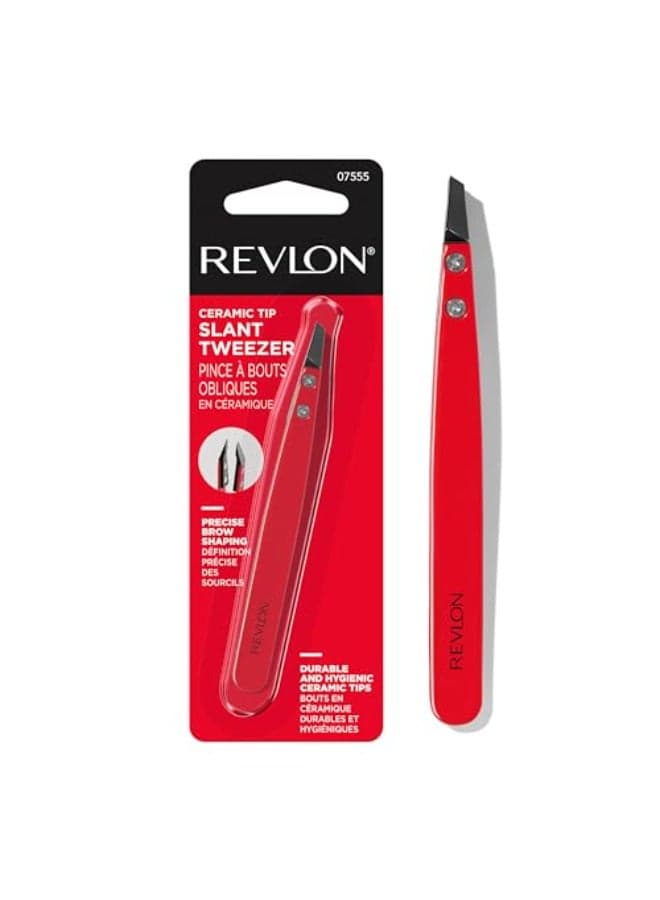 Revlon Ceramic Slanted Tip Tweezers Precision For Eyebrow Shaping and Fine Hair Removal Stainless Steel Body Red 1 Count