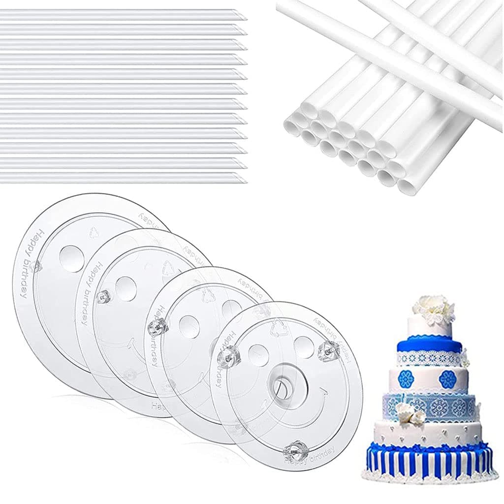 EBOCACB Smiley Plastic Cake Dowel Rods Set12 Pcs White Plastic Cake Dowel Rods12 Pcs Clear Cake Stacking and 4 Pcs Smiley Cake Separator Plates for 4 6 8 10 Inch Cakes