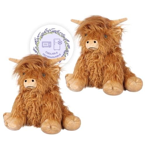 SuzziPals 2Pcs Heatable Coolable Highland Cow Stuffed Animal Plushie Microwavable Heating Pad for Soothing Relaxation Lavender Scented Cattle Plush Toys for Stress Relief Stuffed Cow Gifts