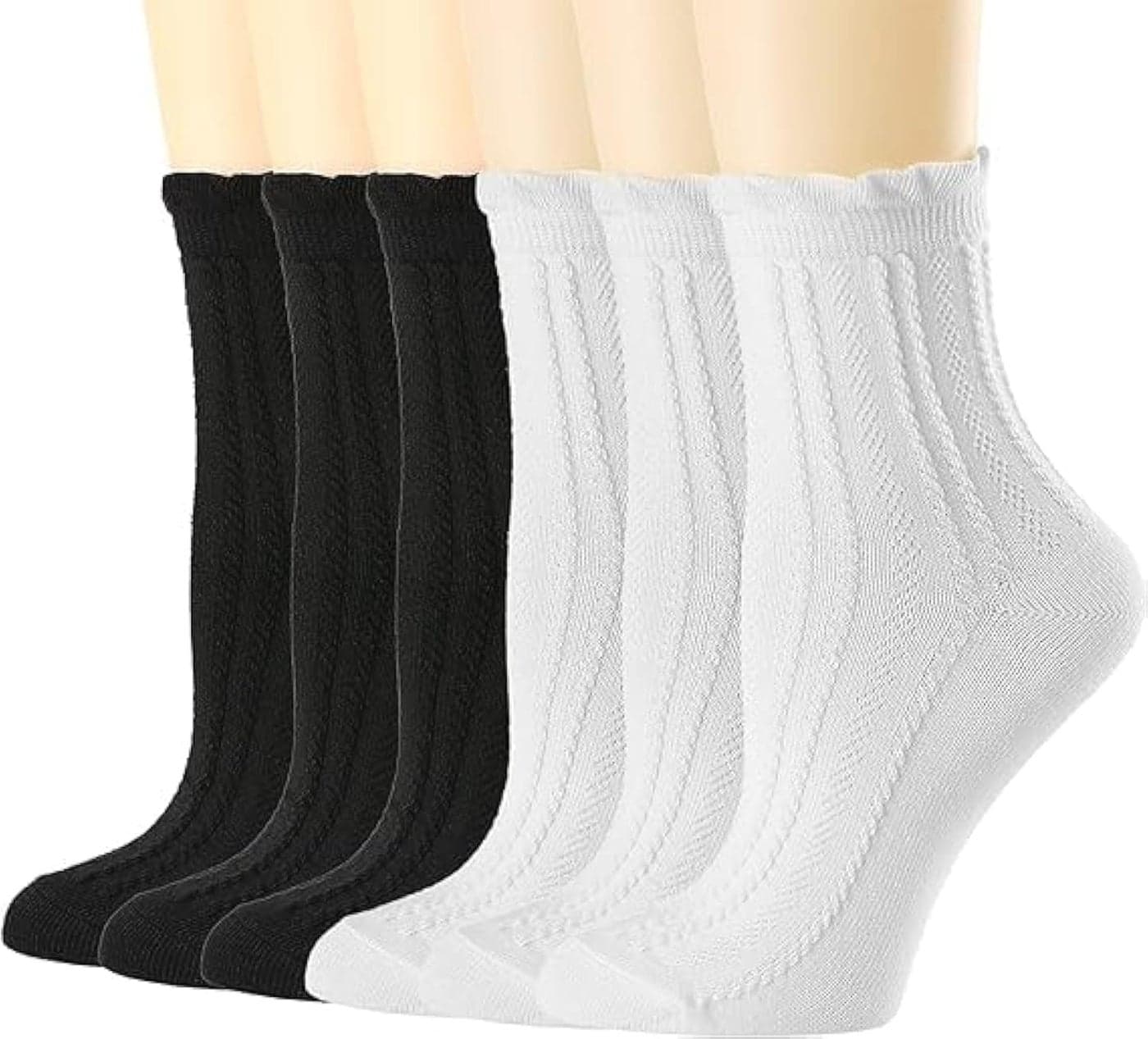 6 Pairs Ruffle Casual Ankle Socks, Lettuce Edge Socks Women, Frilly Low Socks, Knit Cotton Socks Ruffled Design, Cute Ankle Socks Super Soft Breathable Frilly Socks, Size 5-9, Black, White