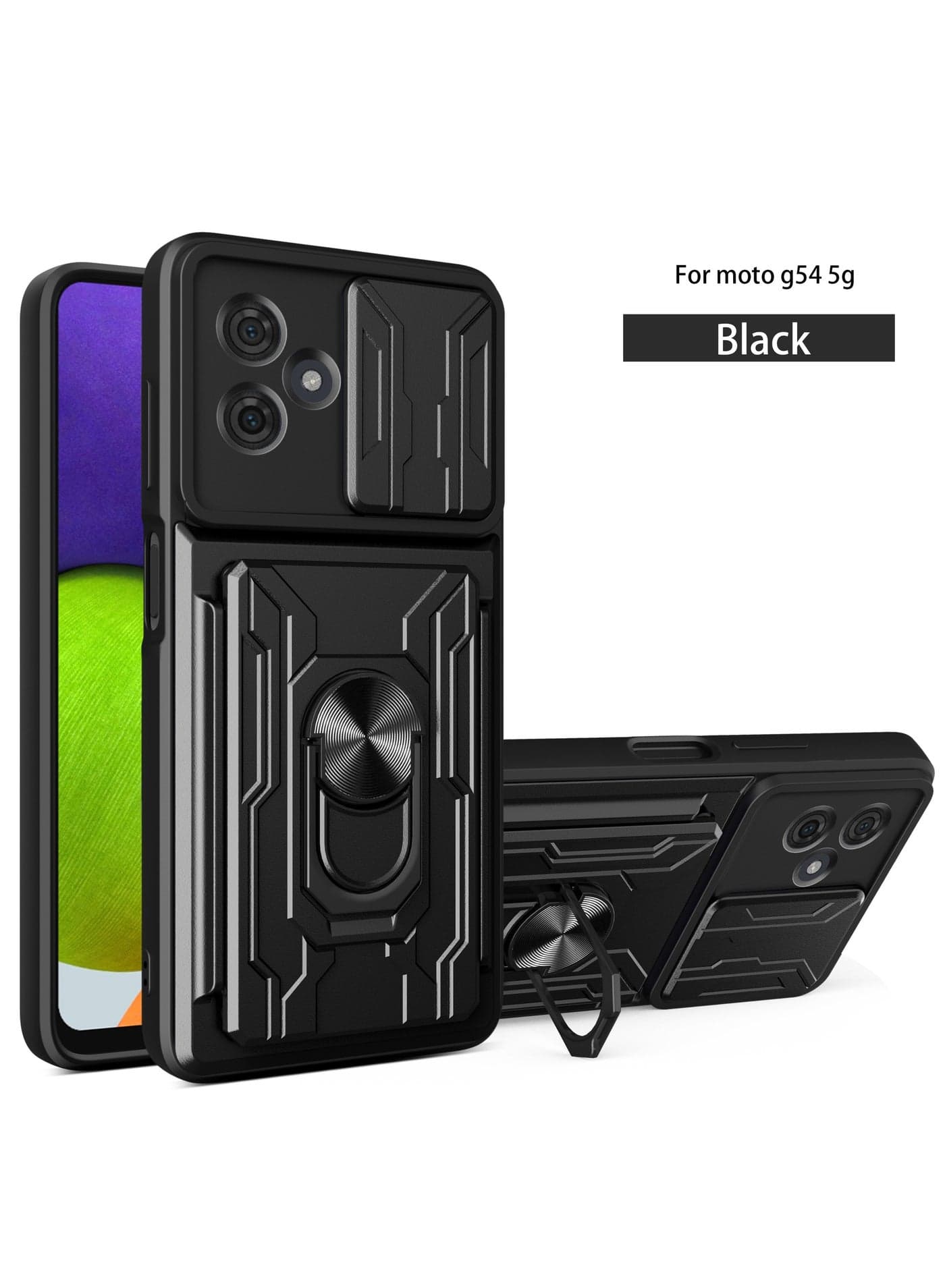 for Motorola Moto G54 5G Case, Card Holder Slide Camera Lens Cover, Magnetic Ring Holder Kickstand Protective Phone Case for Motorola Moto G54 5G, Black