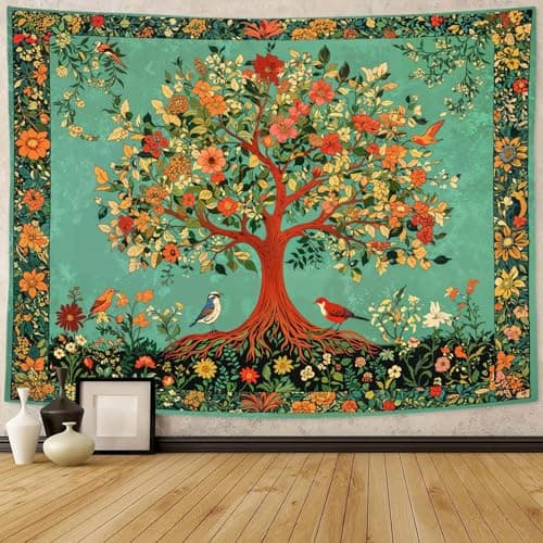 Zussun Boho Tree of Life Tapestry Vintage Nature Green Pink Plant Floral Flowers Leaves Birds Tapestries for Bedroom Aesthetic Retro Indian Tapestry Wall Hanging for Dorm Living Room 48 x 36 Inch