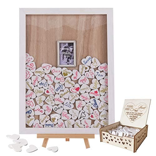 Y&K Homish Wedding Guest Book, Drop Top Frame Sign Book with 100PCS Wooden Hearts stamps, Ideal for Rustic Wedding Decorations and Gift (White Wooden Frame + Photo)