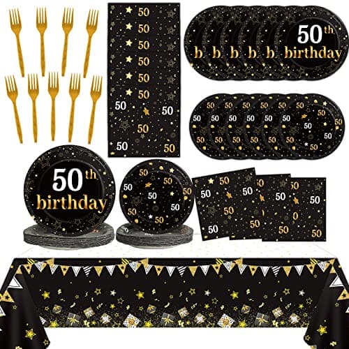 24 Guests 50th Birthday Party Supplies Plates Napkins Tablecloths for Men 50 Years Old Birthday Decorations Black Gold Cheers to 50 Disposable Tableware Set Man Women Bday Party Decor Favors