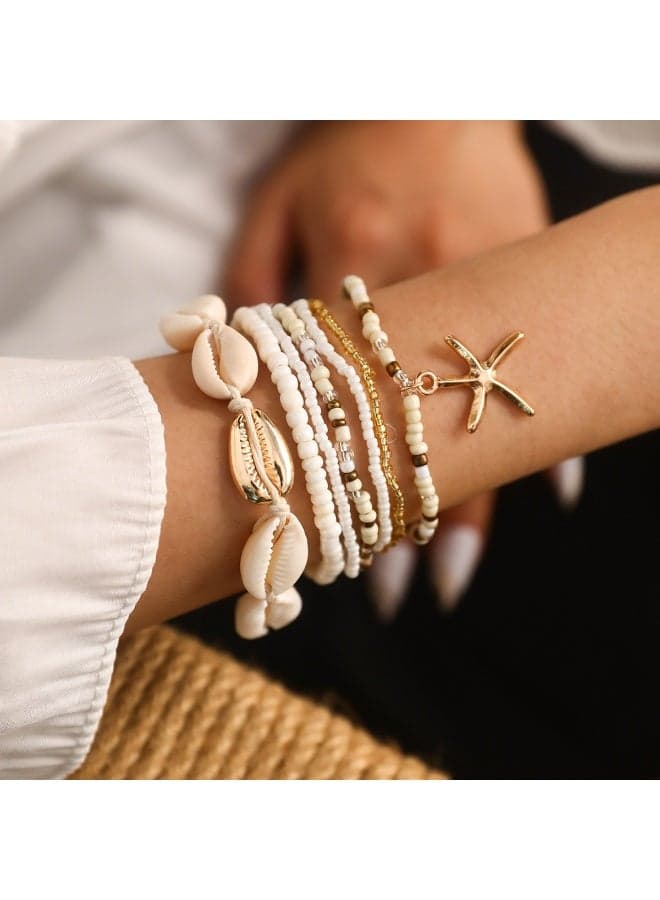 Bohemian Starfish Shell Woven Bracelet 7-Piece Set, Summer Beach Seed Bead Jewelry, Fashion Multi-Layered Accessory