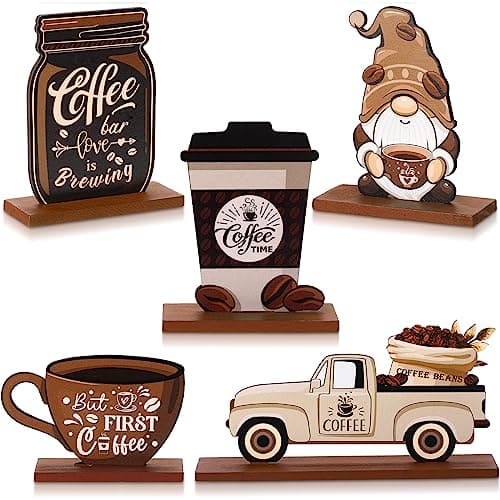 Blulu 5 Pieces Coffee Bar Decor Sign Farmhouse Coffee Bar Wood Signs Rustic Cafe Wooden Table Centerpiece Cafe Table Tiered Tray Decor for Home Kitchen Decorations