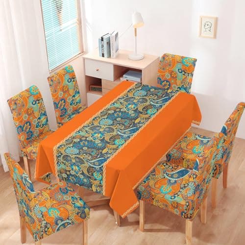 HOKIPO Polyester Dining Chair Cover With Matching Table Cover 6 Seater (Ar-5187-D6, Rectangular, Orange)