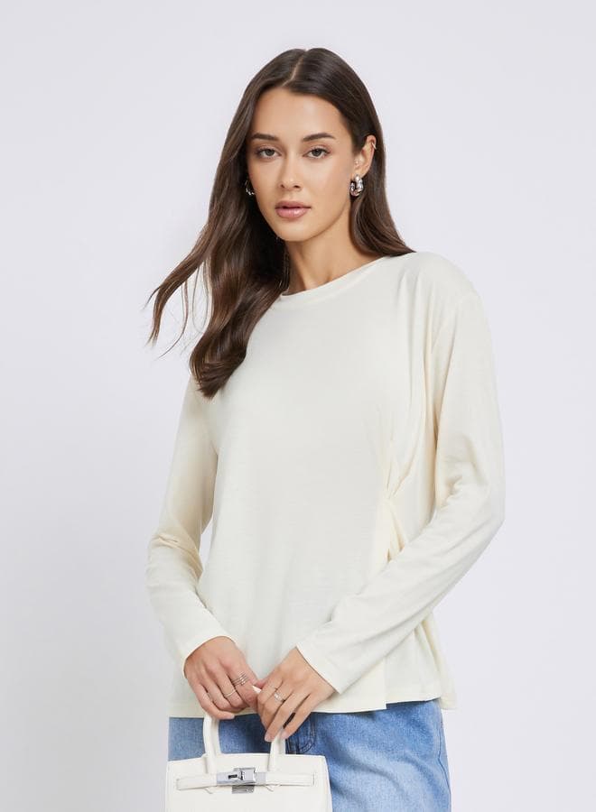 Solid Pleated Long Sleeve Knit Top — M