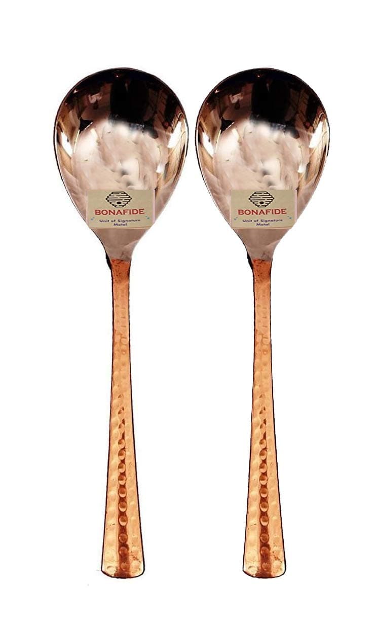 Copper Spoon Serving Spoon Dal Rice Spoon Hammered Designed Homeware Hotelware::Set of 2 Copper Spoon,Stainless Steel Spoon 8 inch Long for Serving Dishes