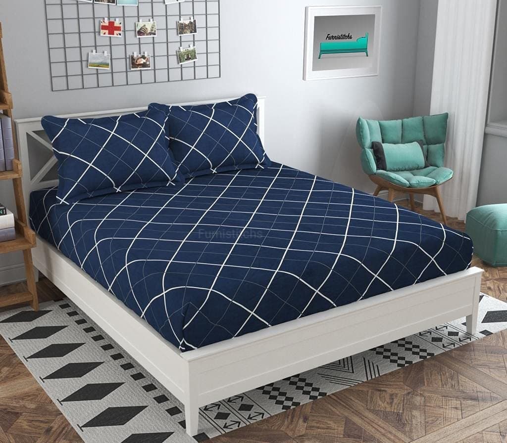 Furnistitchs Glace Cotton Elastic Fitted Bedsheets with 2 Pillow Covers (Blue Boxes, King 72" x 78")
