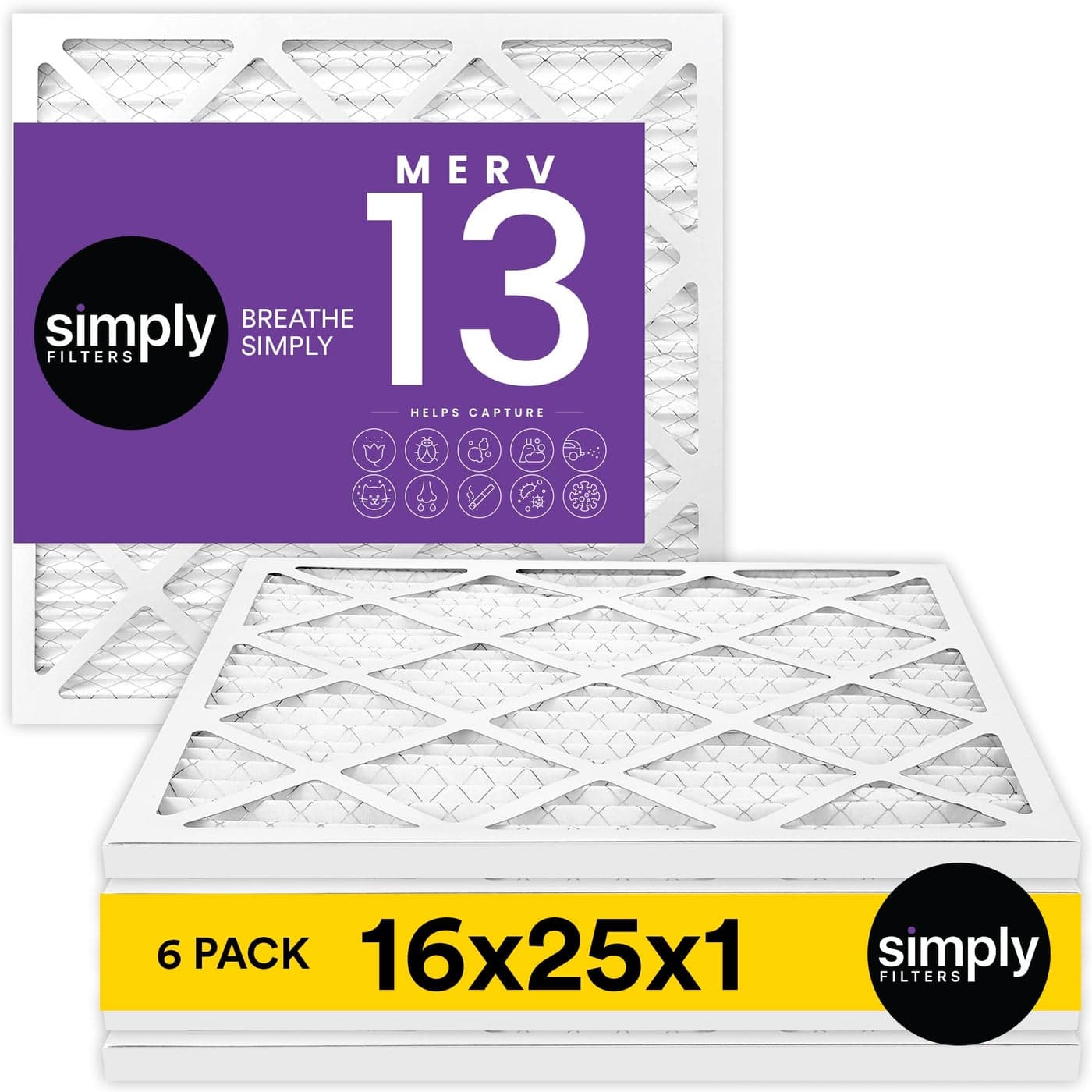 Simply 16x25x1 Air Filter Merv 13 MPR 1500 6 Pack For Home AC Furnace HVAC Actual Size 1575x2475x075 DUST Pet Allergy Control