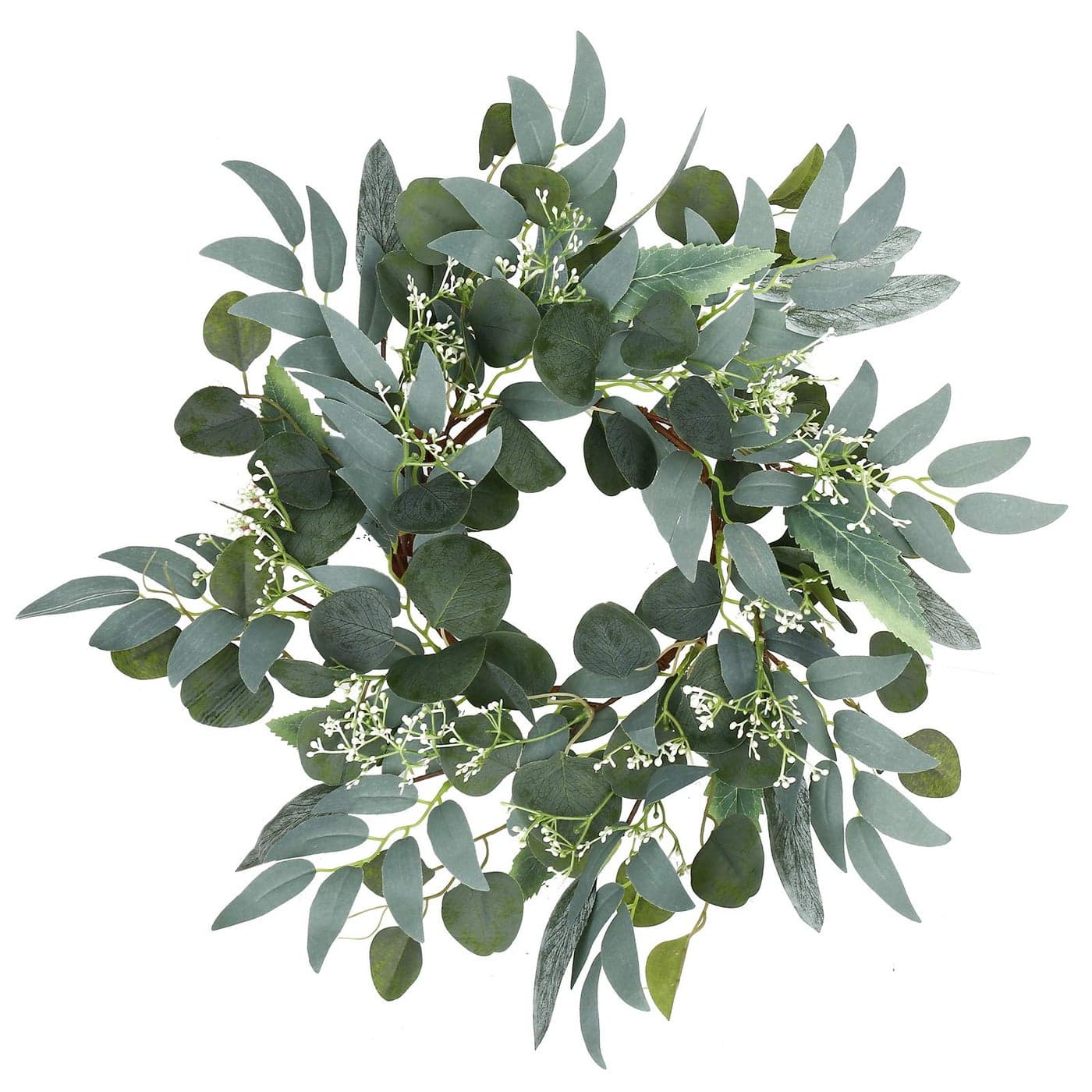 Artificial Green Eucalyptus Wreath15 inches Greenery Wreath with Clusters of White Flowers Mini SpringSummer Wreaths for Front Door Wall Window Decor