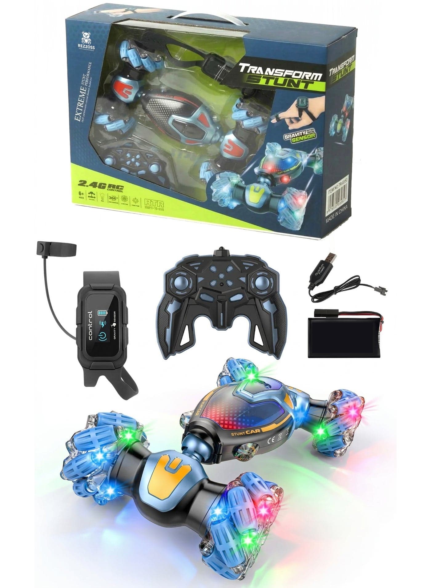 4WD Gesture Control RC Stunt Car Toy – Transform Stunt Model 2.4GHz Double-Sided 360° Rotating Toy Car with Gravity Sensor Wristband, LED Lights & Music | Transforming Drifting Vehicle | Best Birthday, Exam Pass & Eid Gift for Boys Age 6+