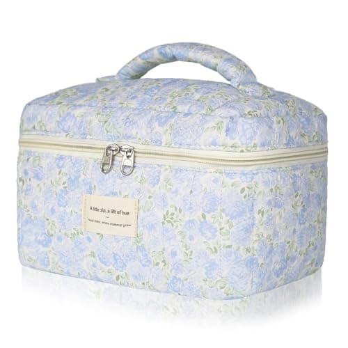 Gosect 1pc Large Makeup Bag Cute Cosmetic Bag for Women Girls Floral Coquette Aesthetic Toiletry Bag Travel Make Up Organizer Bag Green Leaves Blue Flowers