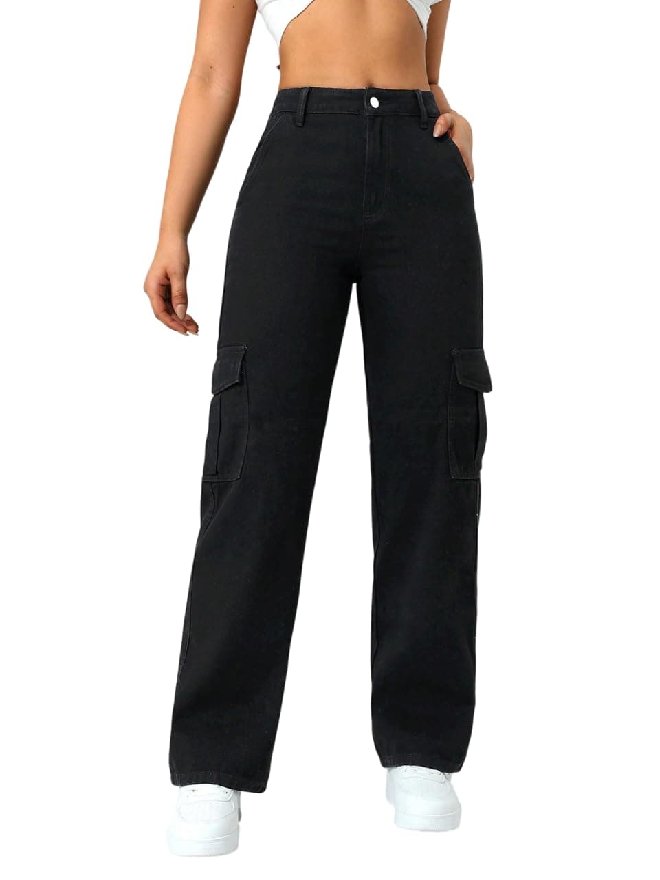 KATECLO High Waist Wide Leg Cargo Jeans for Women | Stylish Women's Cargo Pants Black
