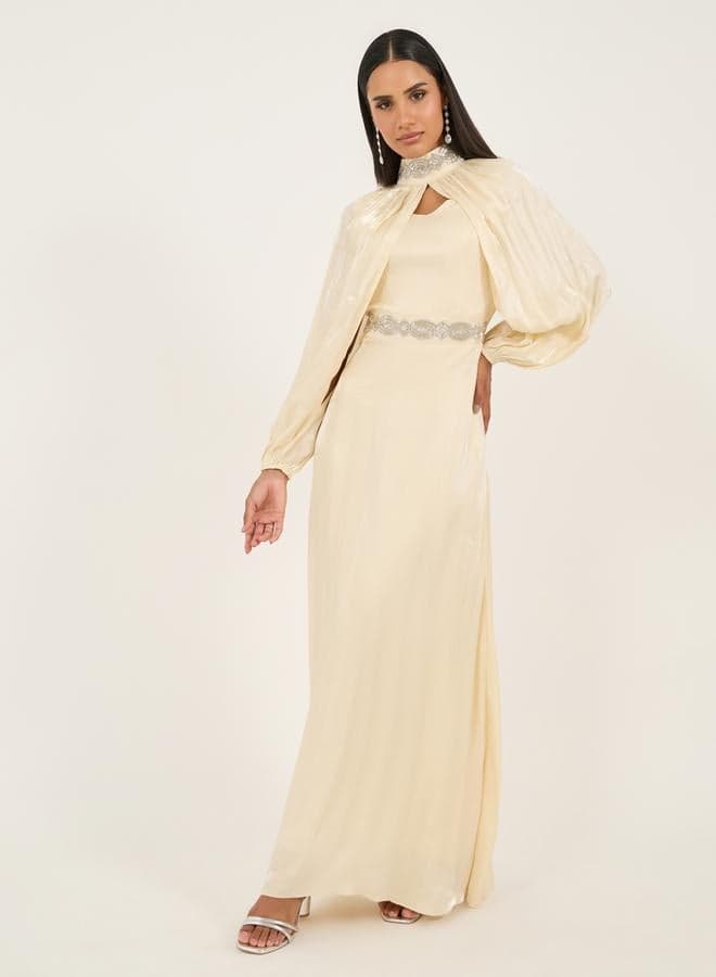 Styli Embellished Satin A-Line Maxi Dress with Detachable Cape Sleeves