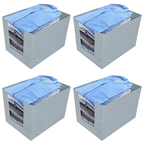 Kuber Industries Stylish Shirt Organizer for Wardrobe|Foldable Non Woven Shirt Stacker|Drawer Storage Unit For Closet Cuboard|Clothes Storage box|Pack of 4 (Grey)