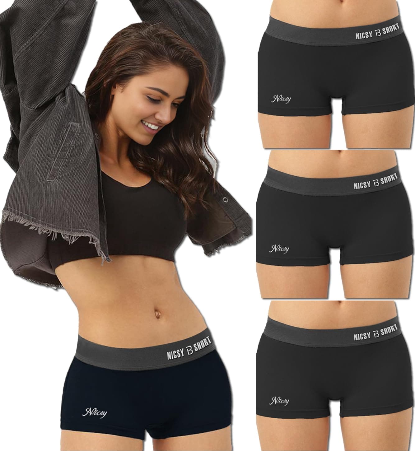 NICSY Women Soft Viscose Cotton Shorts Underwear Antibacterial Micromodal Airsoft,|Boy Short - Non-Itch, No Chafing, Sweat-Proof Comfort (Combo Pack), Black, 3XL