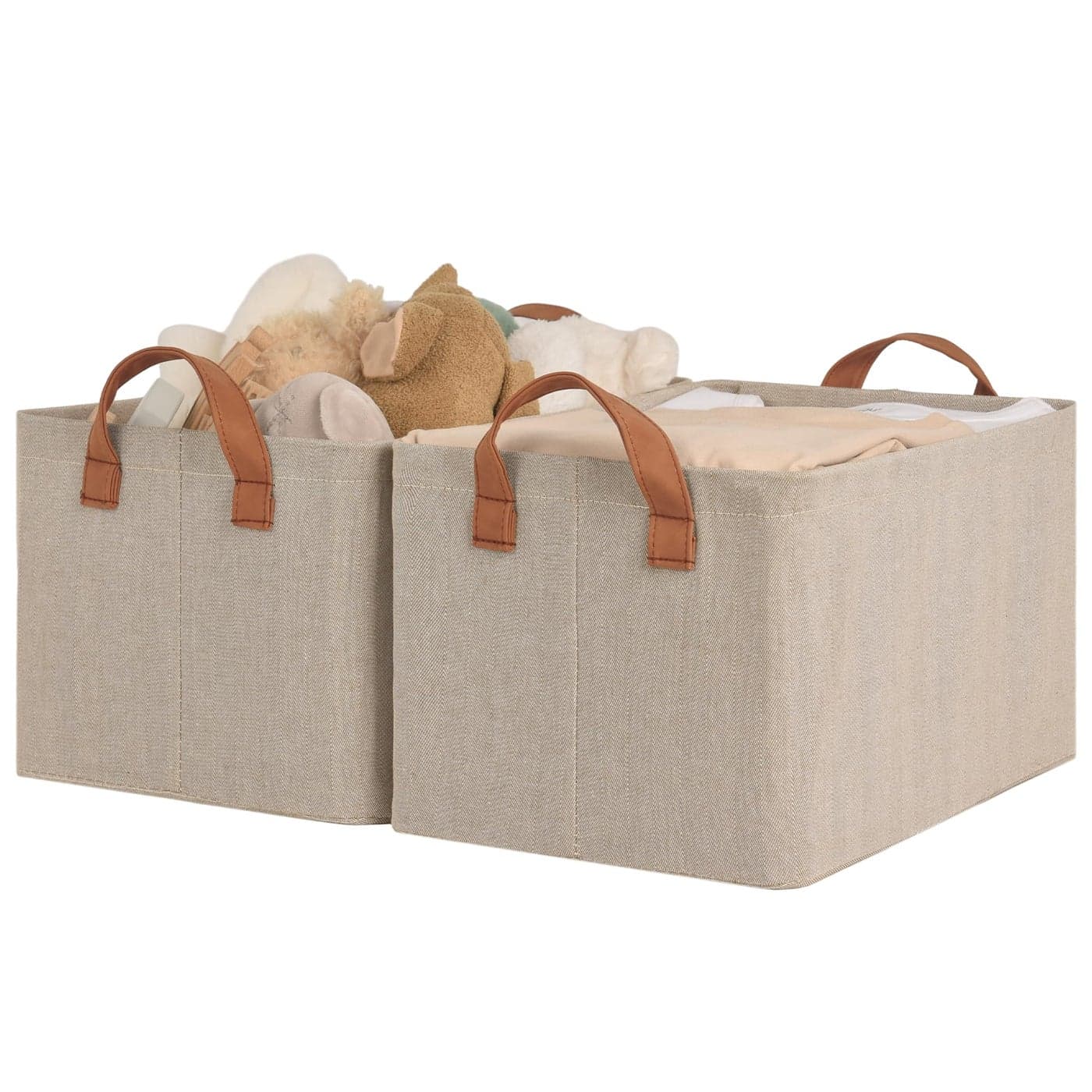 StorageWorks Storage Bins Fabric Storage Bins for Shelves Storage Baskets with Metal Frame Closet Baskets and Bins with Handles Brown and Beige 2Pack