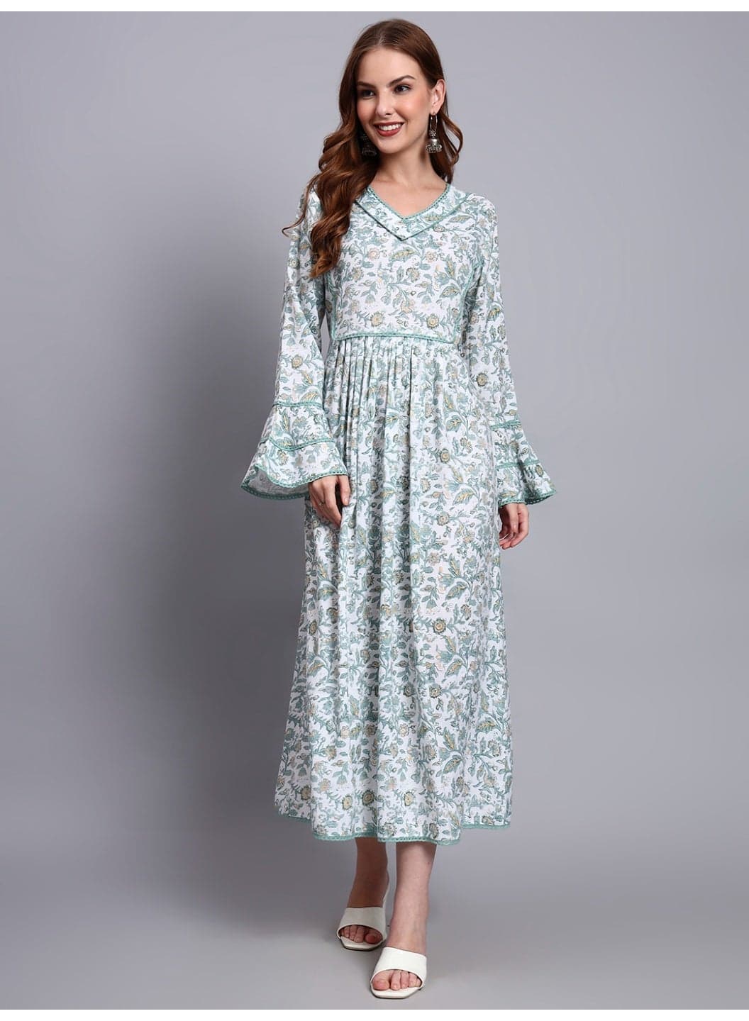 Women Floral Printed Rayon Jalabiya with Flared Sleeves & V-Neckline-AL4011